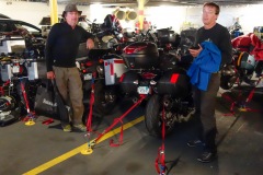 Tying down the bikes aboard the high-speed car ferry from Portland ME to Yarmouth NS.