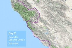 Day 2 was a run back down the Carmel Valley, south to Fort Leggett and across the Coastal Range on the treacherous Ferguson-Nascimiento Road, then a relaxing cruis to SLO.