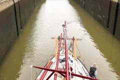 Entering Lock #9:  A sailboat on the way south from Lake Champlain via the canal to the Hudson RIver.